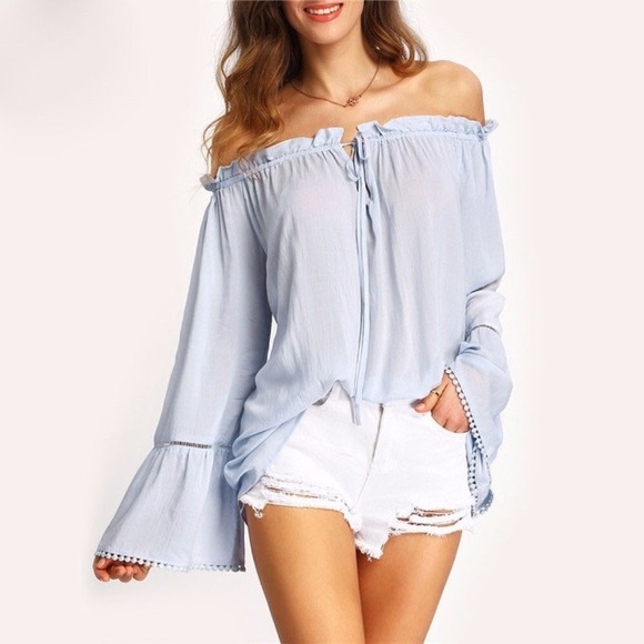 Off Shoulder Bell Sleeve Crochet Trim Ruffle Top - Picture 4 of 7